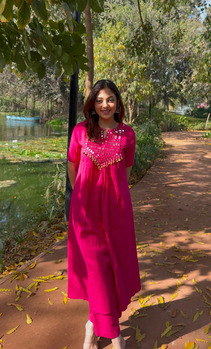 Chandni Magenta Mirror Work Kurta Pant Set – Festive & Party Wear for Women