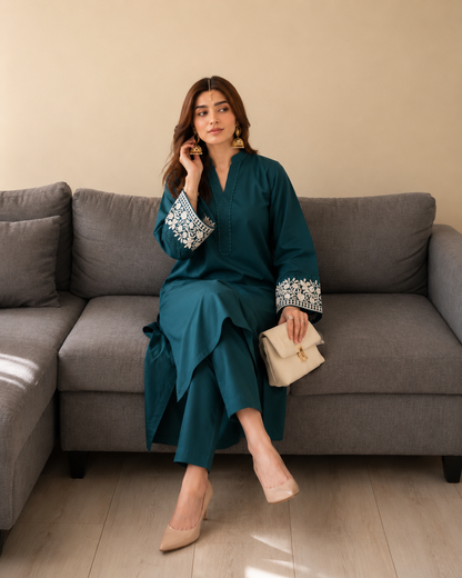 Zarmina Teal Embroidered Co-ord Set