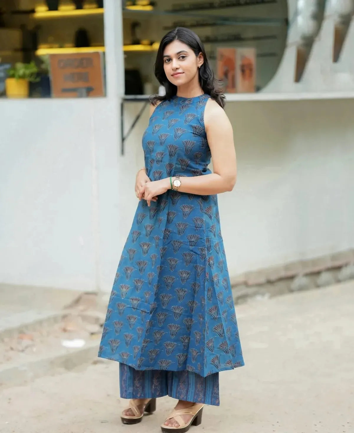 Blue Cotton Sleeveless Kurta Set for Women | Stylish Ethnic Co-Ord
