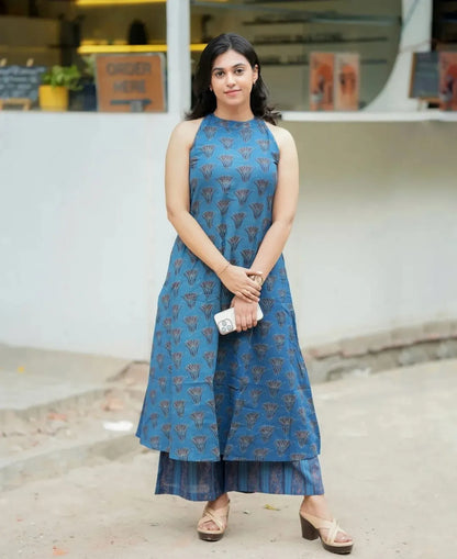 Blue Cotton Sleeveless Kurta Set for Women | Stylish Ethnic Co-Ord
