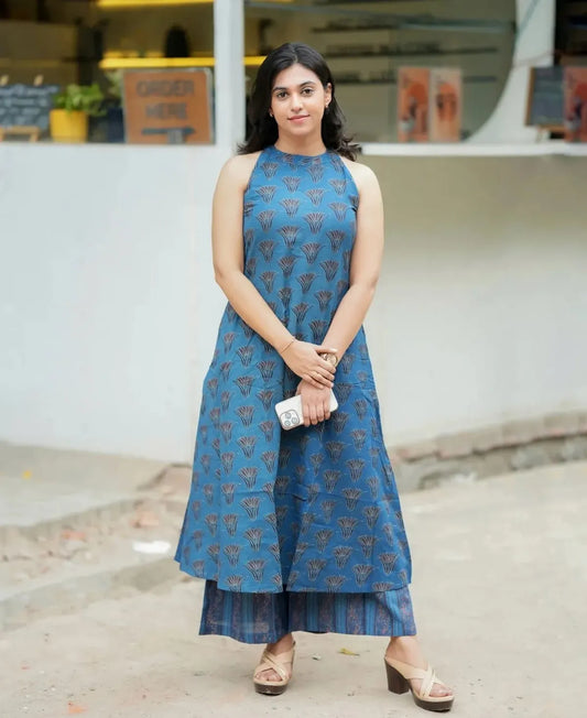 Blue Cotton Sleeveless Kurta Set for Women | Stylish Ethnic Co-Ord