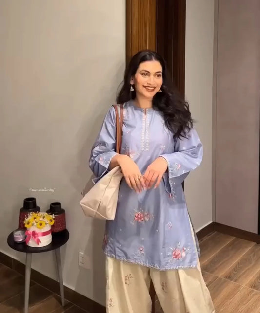 Sky Blue Embroidered Kurta Palazzo Set for Women Front View