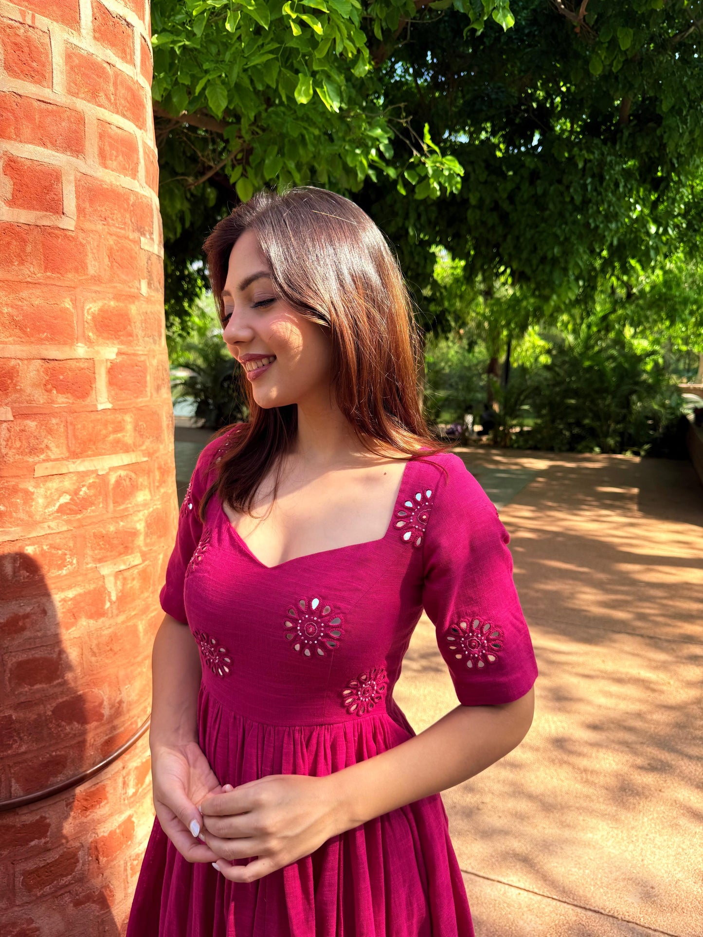 Cherry pink anarkali kurti and pant set (set of 2)