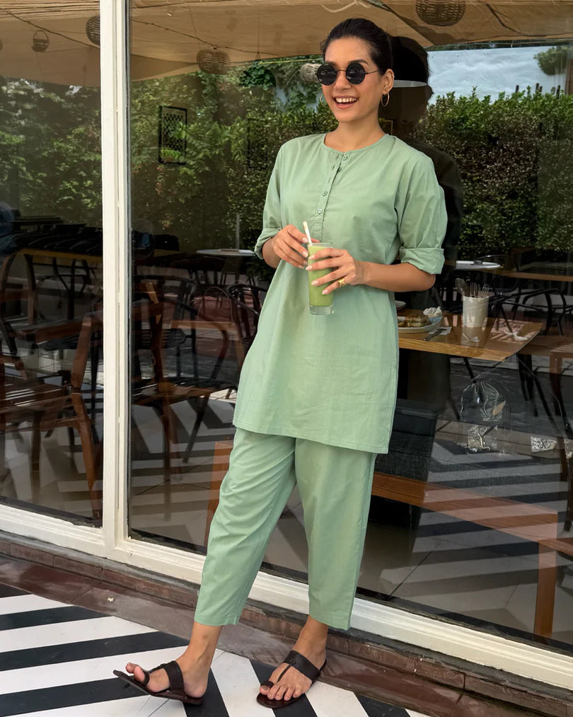 Sage Green Pure Cotton Co-Ord Set for Women | Casual & Office Wear