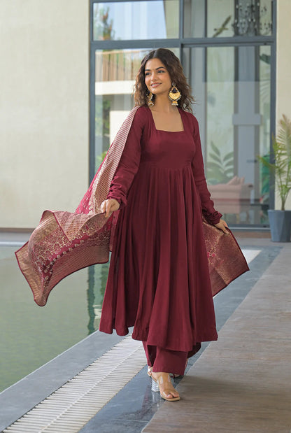 Maroon Cotton Anarkali Kurti with Dupatta – Festive & Wedding Wear