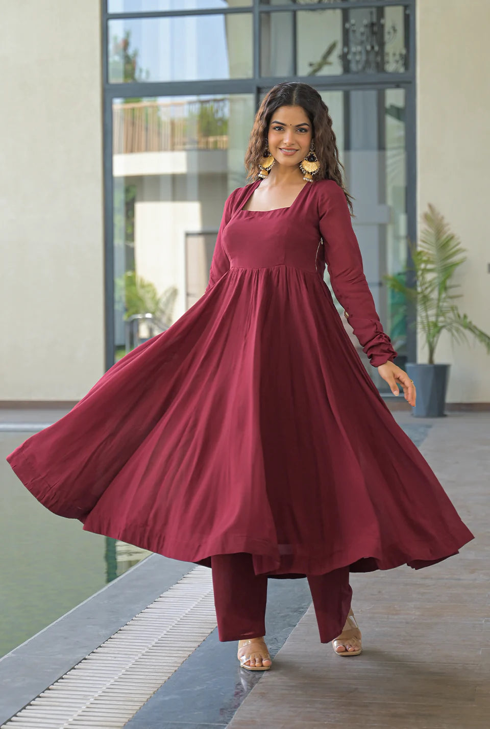 Maroon Cotton Anarkali Kurti with Dupatta – Festive & Wedding Wear