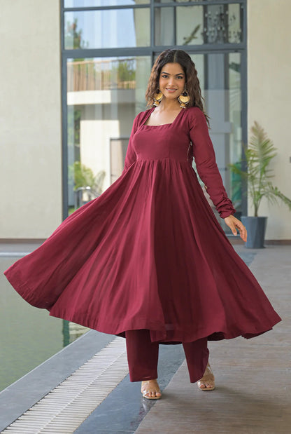 Maroon Cotton Anarkali Kurti with Dupatta – Festive & Wedding Wear