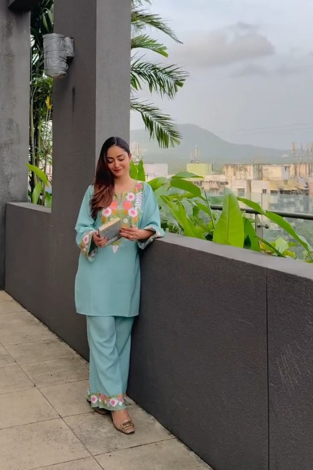 Tridha C In Maria Sky Blue Kashmiri Cotton Coord Set