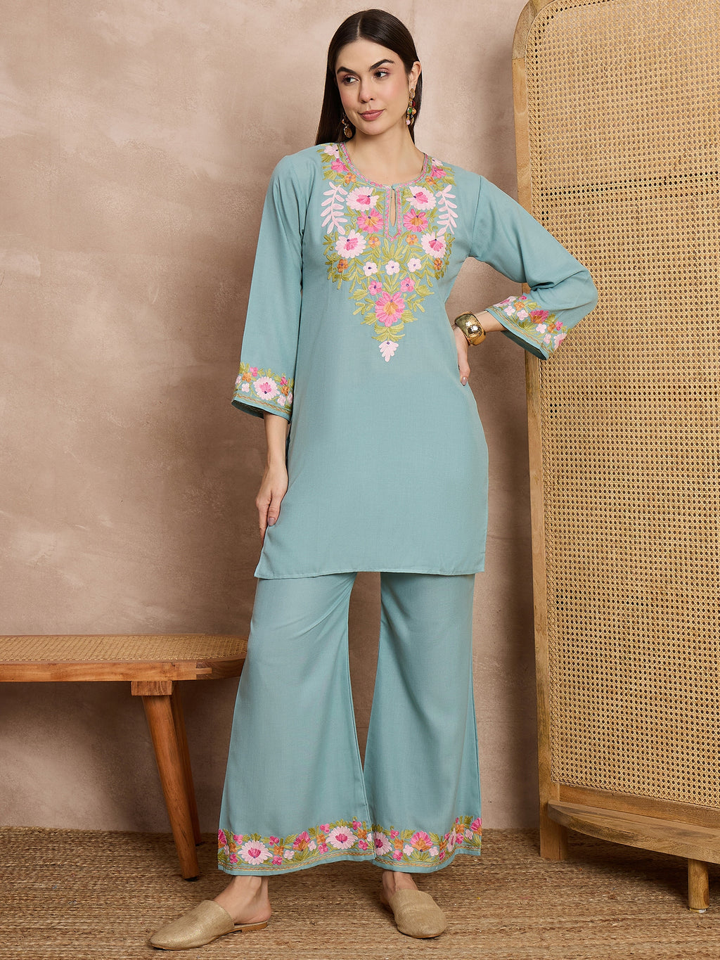 Tridha C In Maria Sky Blue Kashmiri Cotton Coord Set