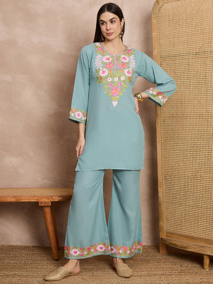 Tridha C In Maria Sky Blue Kashmiri Cotton Coord Set