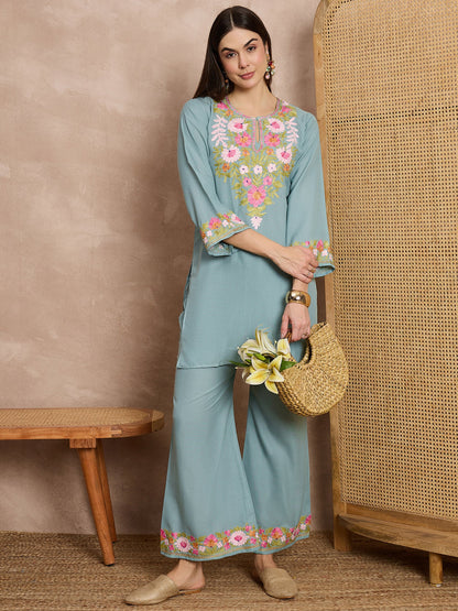 Tridha C In Maria Sky Blue Kashmiri Cotton Coord Set