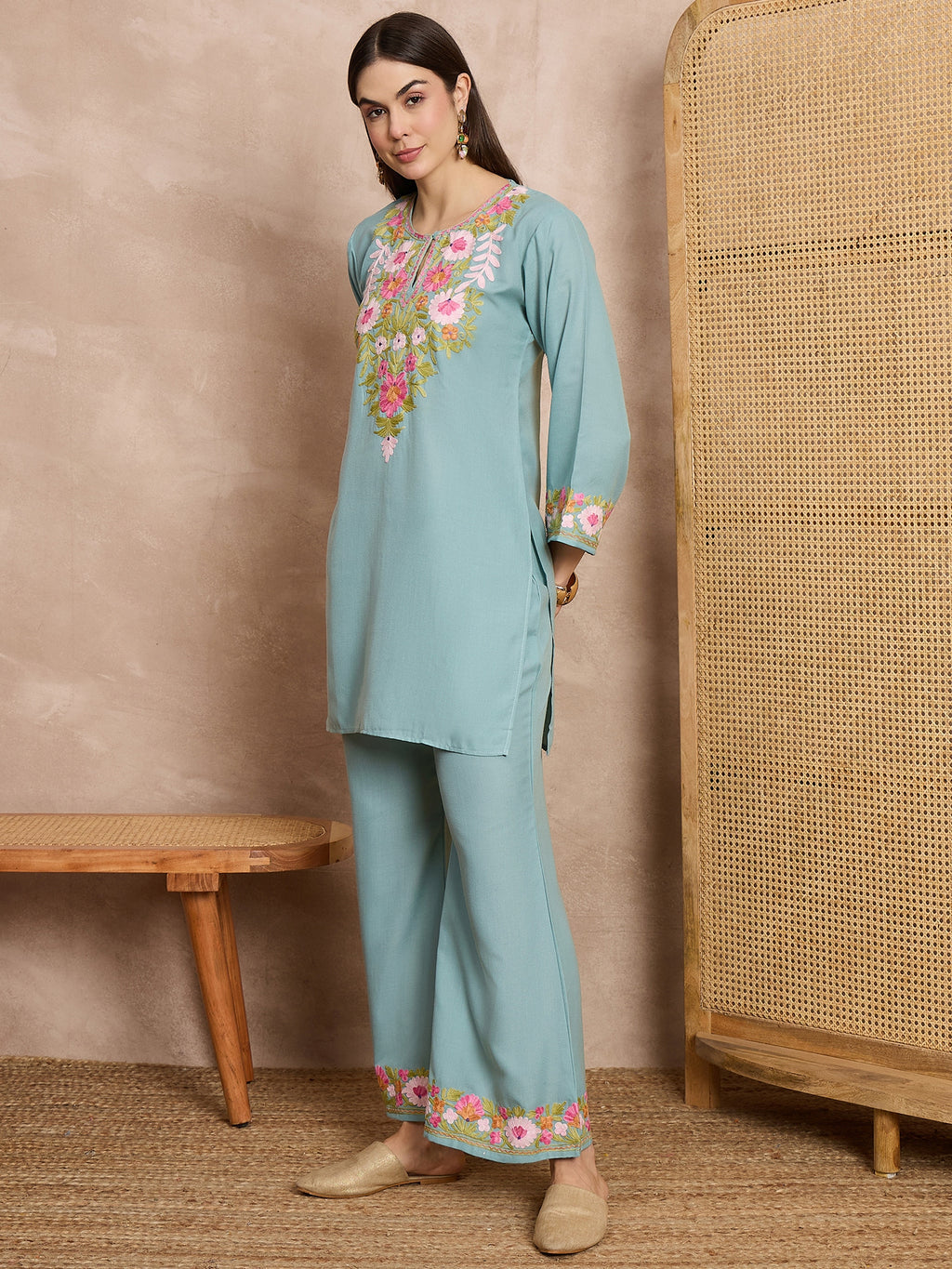 Tridha C In Maria Sky Blue Kashmiri Cotton Coord Set