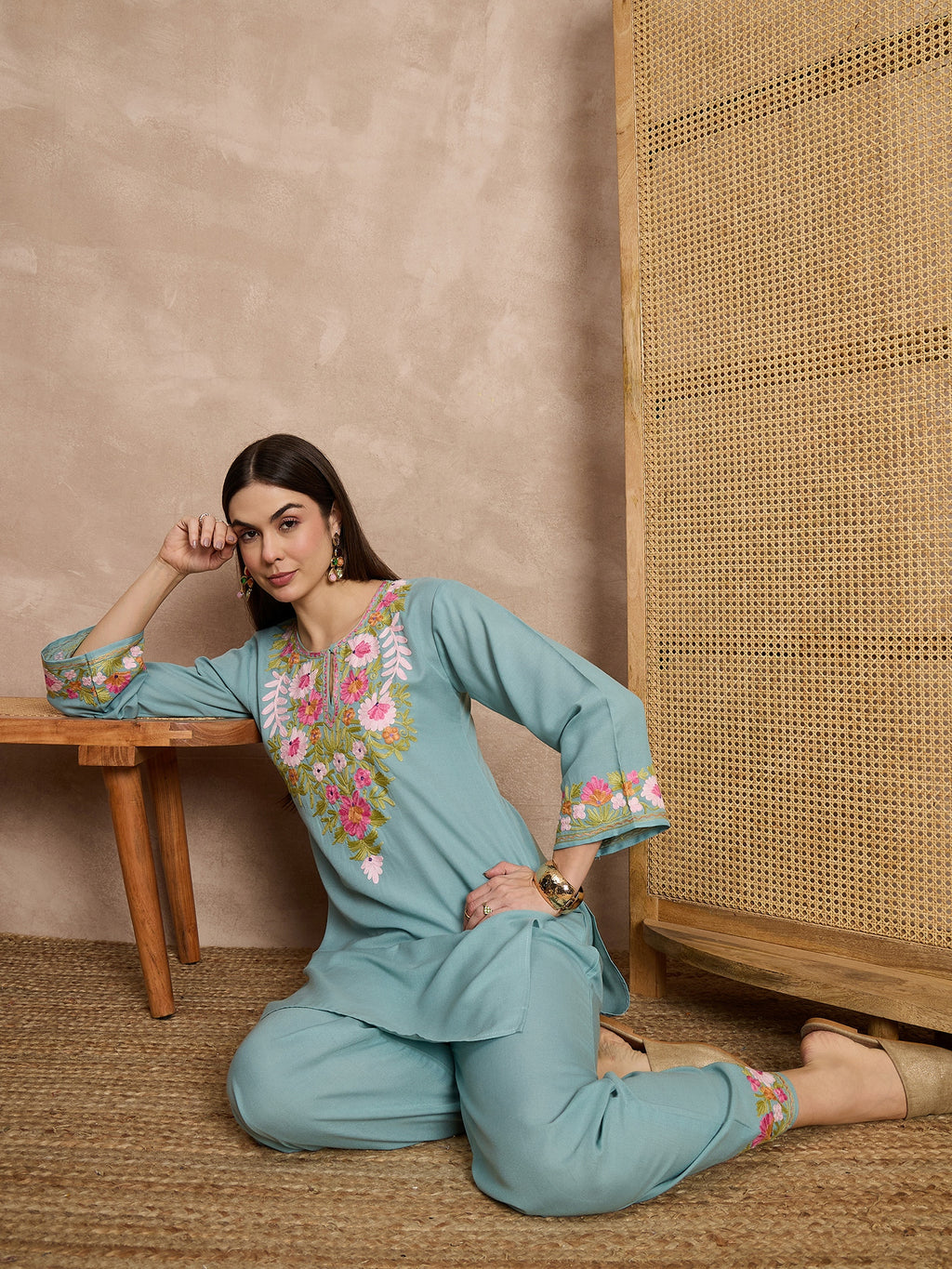 Tridha C In Maria Sky Blue Kashmiri Cotton Coord Set