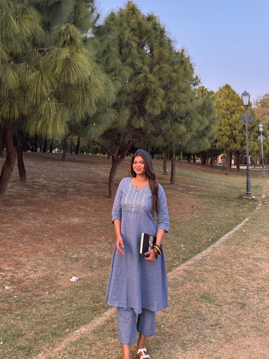 English blue kurta pant set