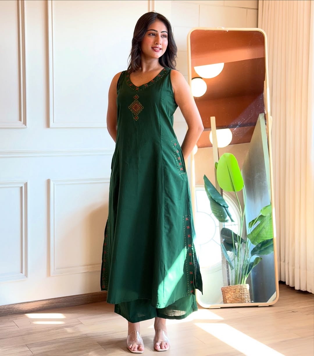 EMBROIDERY WORK A LINE KURTI PANT SET WITH BOTH SIDES POCKETS sett