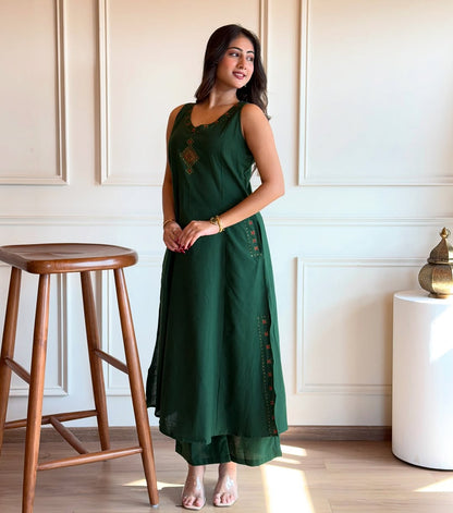 EMBROIDERY WORK A LINE KURTI PANT SET WITH BOTH SIDES POCKETS sett