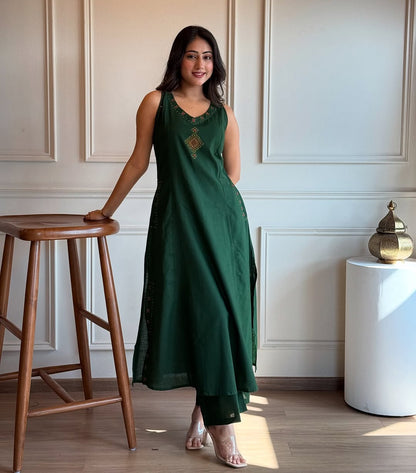 EMBROIDERY WORK A LINE KURTI PANT SET WITH BOTH SIDES POCKETS sett