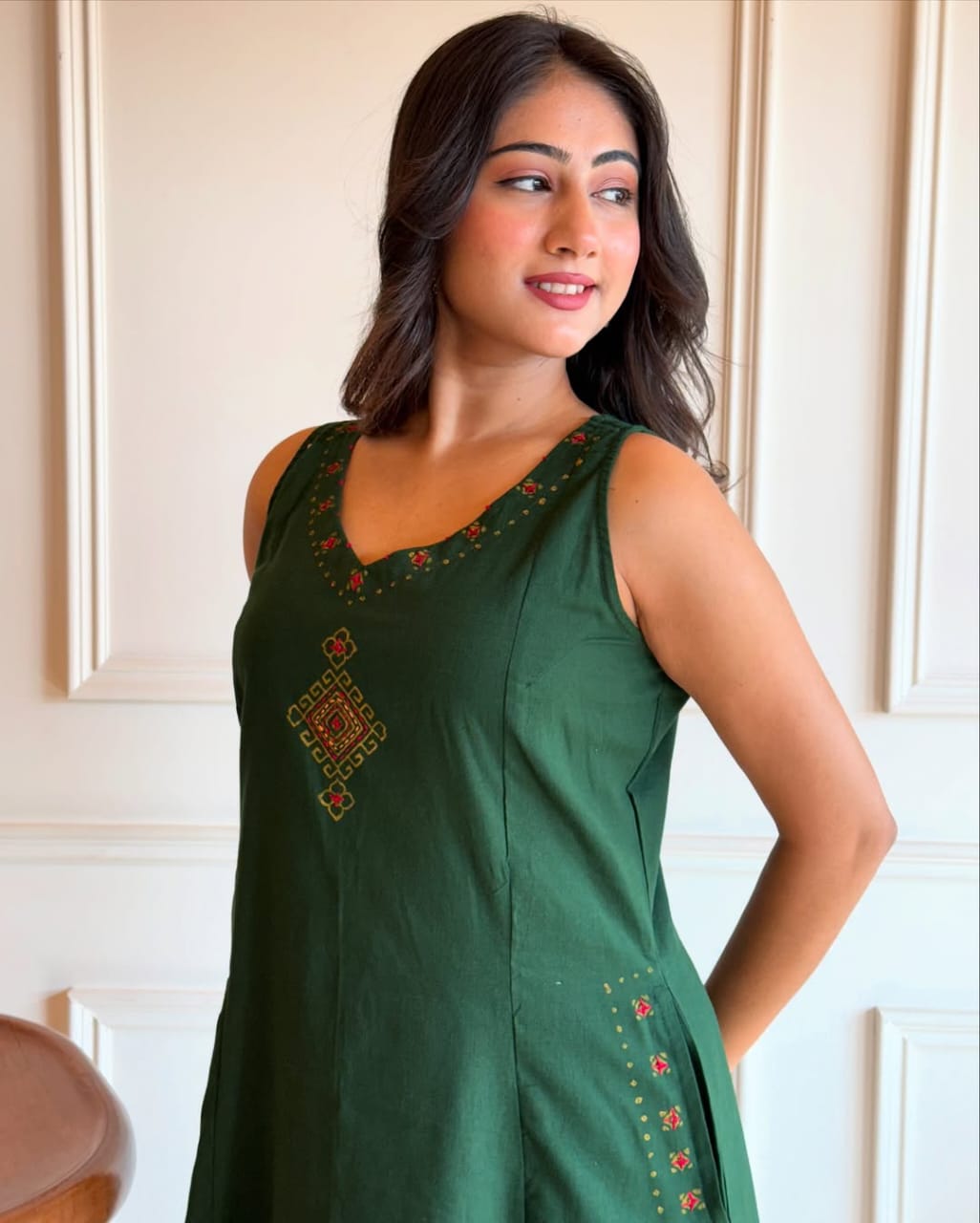 EMBROIDERY WORK A LINE KURTI PANT SET WITH BOTH SIDES POCKETS sett