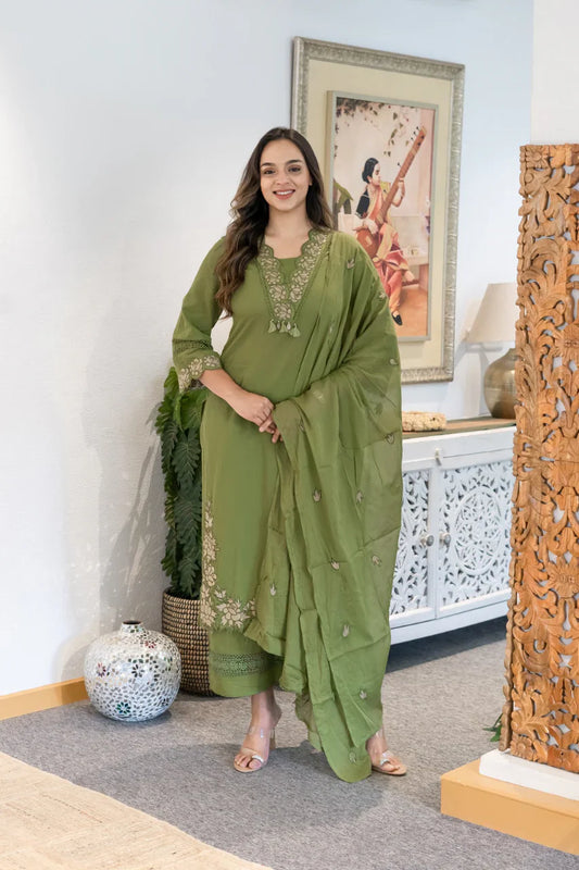 Women Green Cotton Embroidery GPO Lace Kurta Pant and Dupatta set