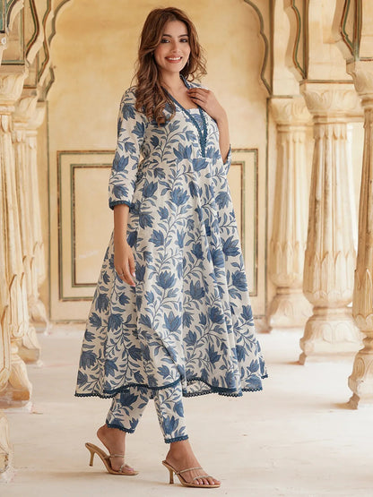 Floral Printed Anarkali Pure Cotton Kurta with Trousers & Dupatta