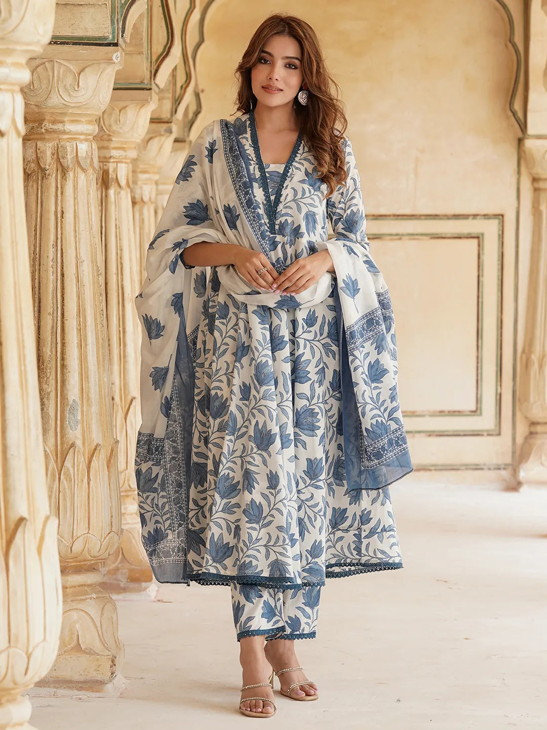 Floral Printed Anarkali Pure Cotton Kurta with Trousers & Dupatta