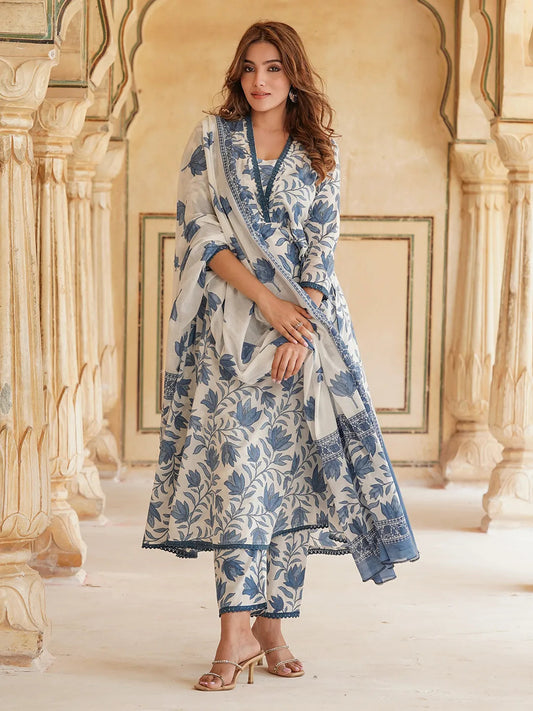 Floral Printed Anarkali Pure Cotton Kurta with Trousers & Dupatta