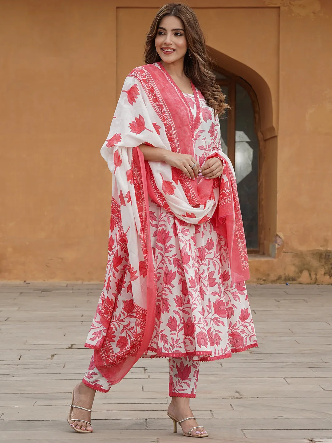 Floral Printed Anarkali Pure Cotton Kurta with Trousers & Dupatta