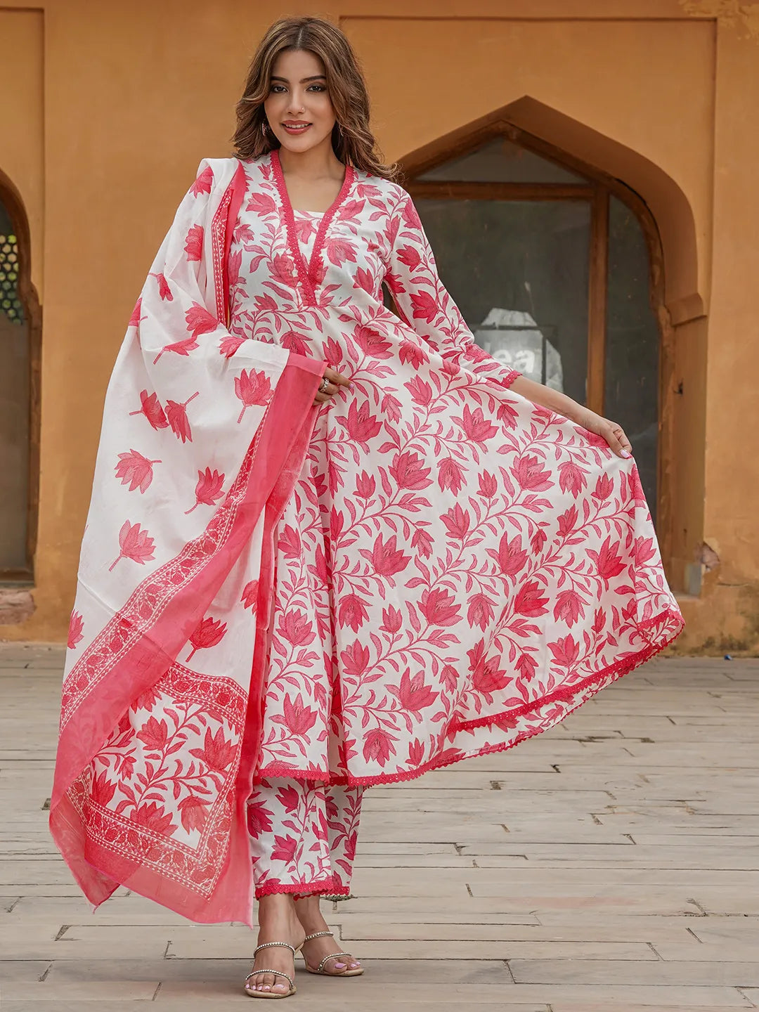 Floral Printed Anarkali Pure Cotton Kurta with Trousers & Dupatta