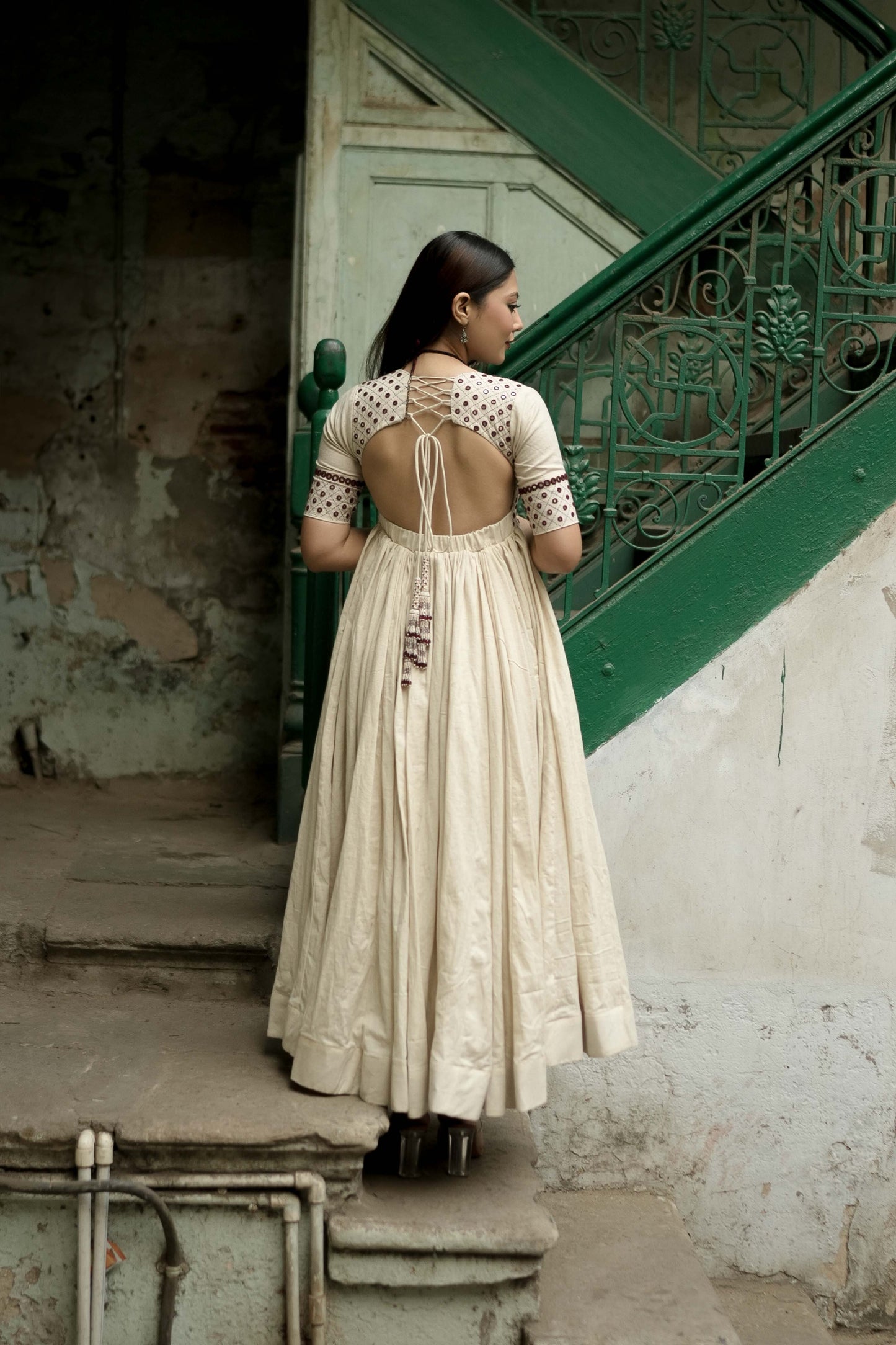 Mohini Cream Embroidered Anarkali Dress – Backless Festive & Wedding Wear for Women