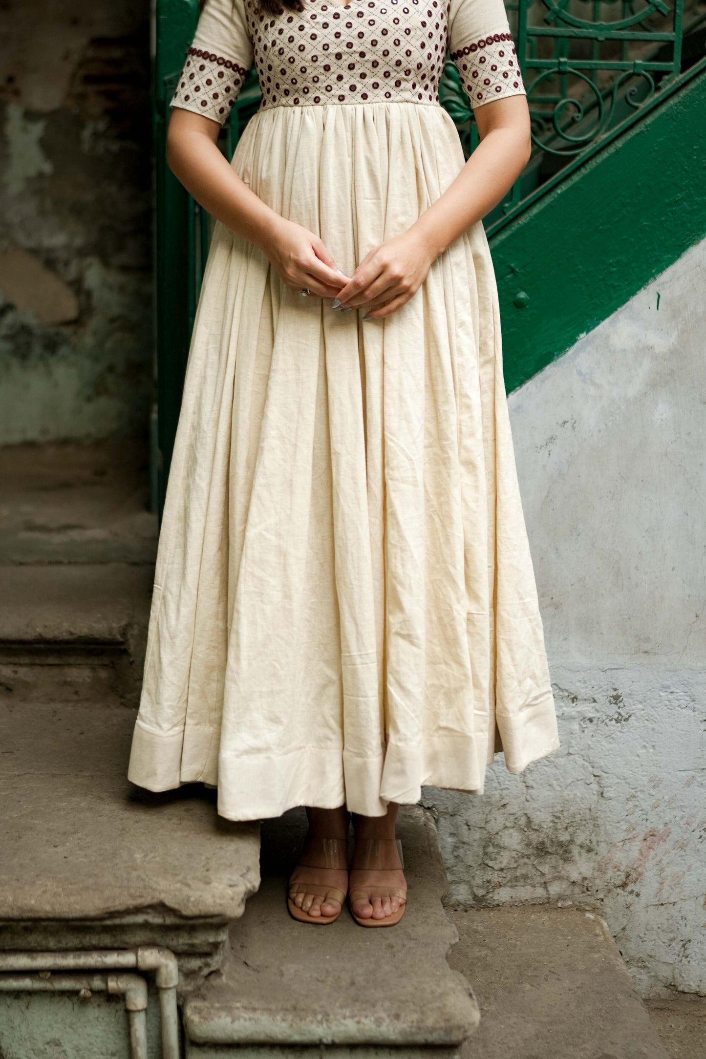 Mohini Cream Embroidered Anarkali Dress – Backless Festive & Wedding Wear for Women