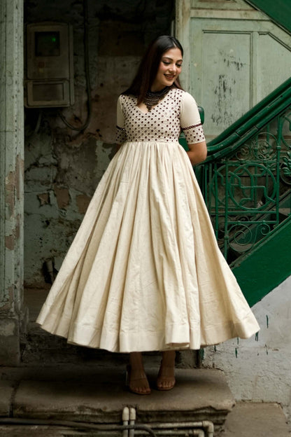 Mohini Cream Embroidered Anarkali Dress – Backless Festive & Wedding Wear for Women
