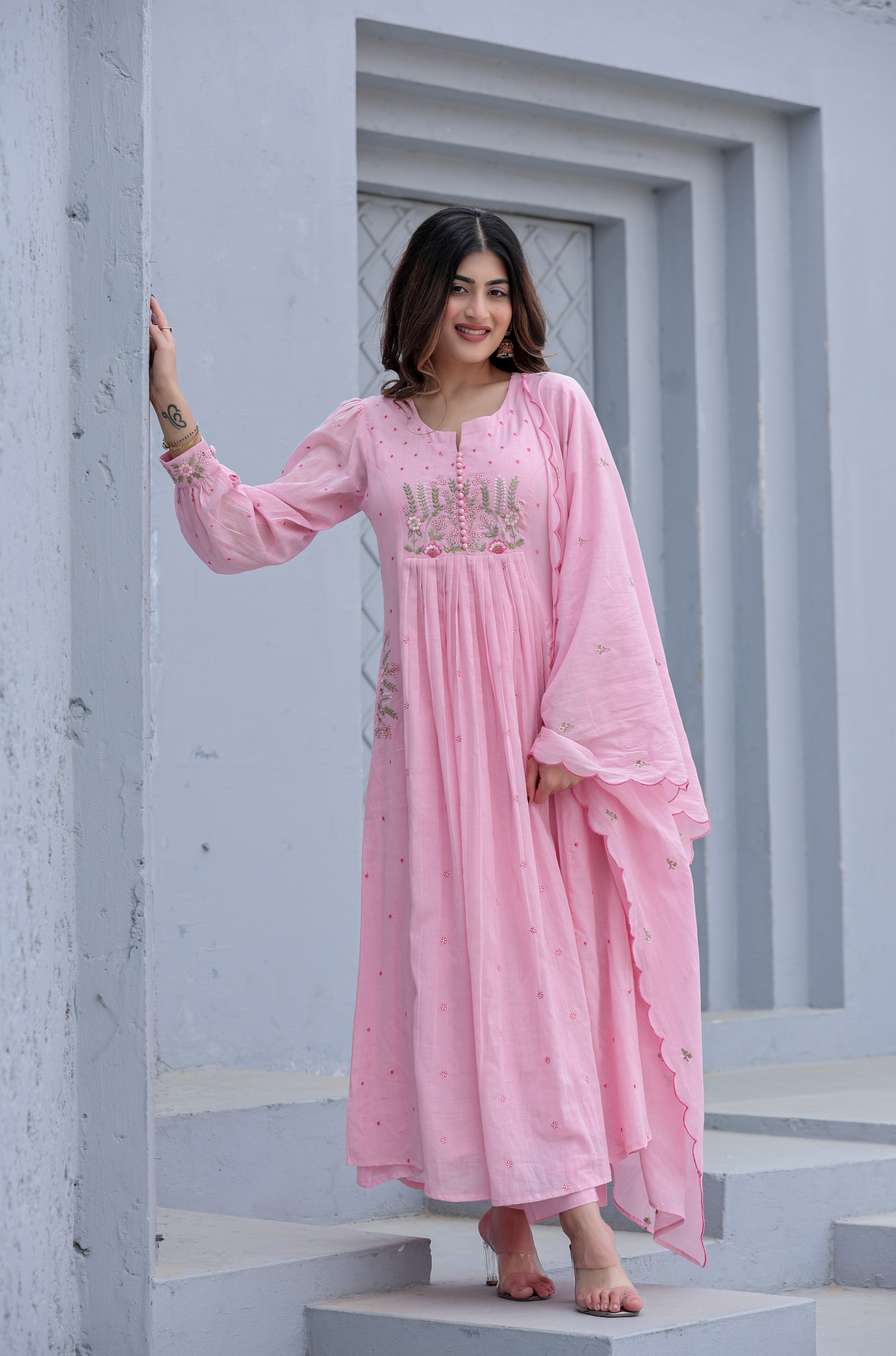 Women Pink Super Dyeing Cotton Embroidery Kurta Pant and Dupatta set