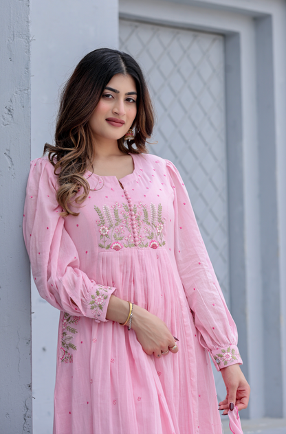 Women Pink Super Dyeing Cotton Embroidery Kurta Pant and Dupatta set