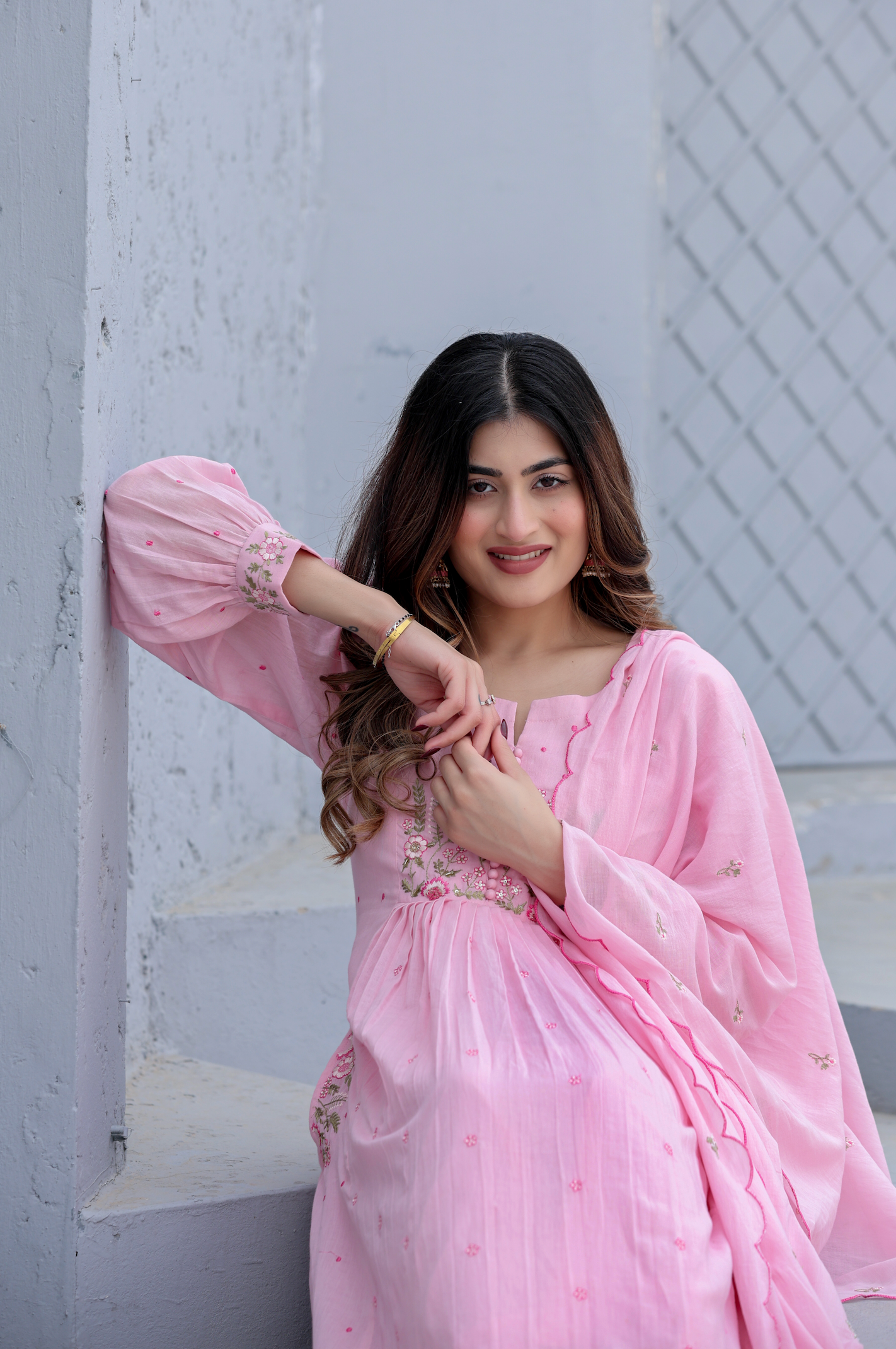 Women Pink Super Dyeing Cotton Embroidery Kurta Pant and Dupatta set