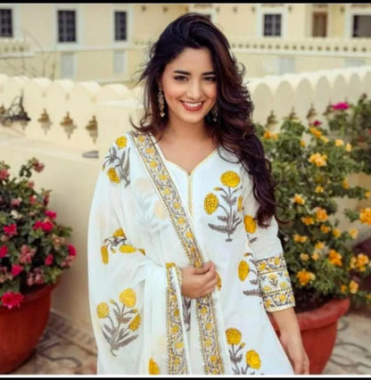 White Cotton Floral Printed Kurti with Sharara Dupatta Set