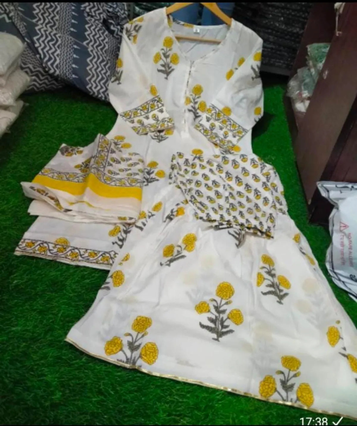 White Cotton Floral Printed Kurti with Sharara Dupatta Set