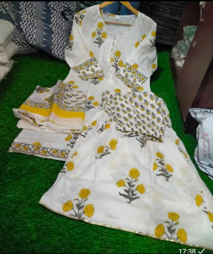 White Cotton Floral Printed Kurti with Sharara Dupatta Set