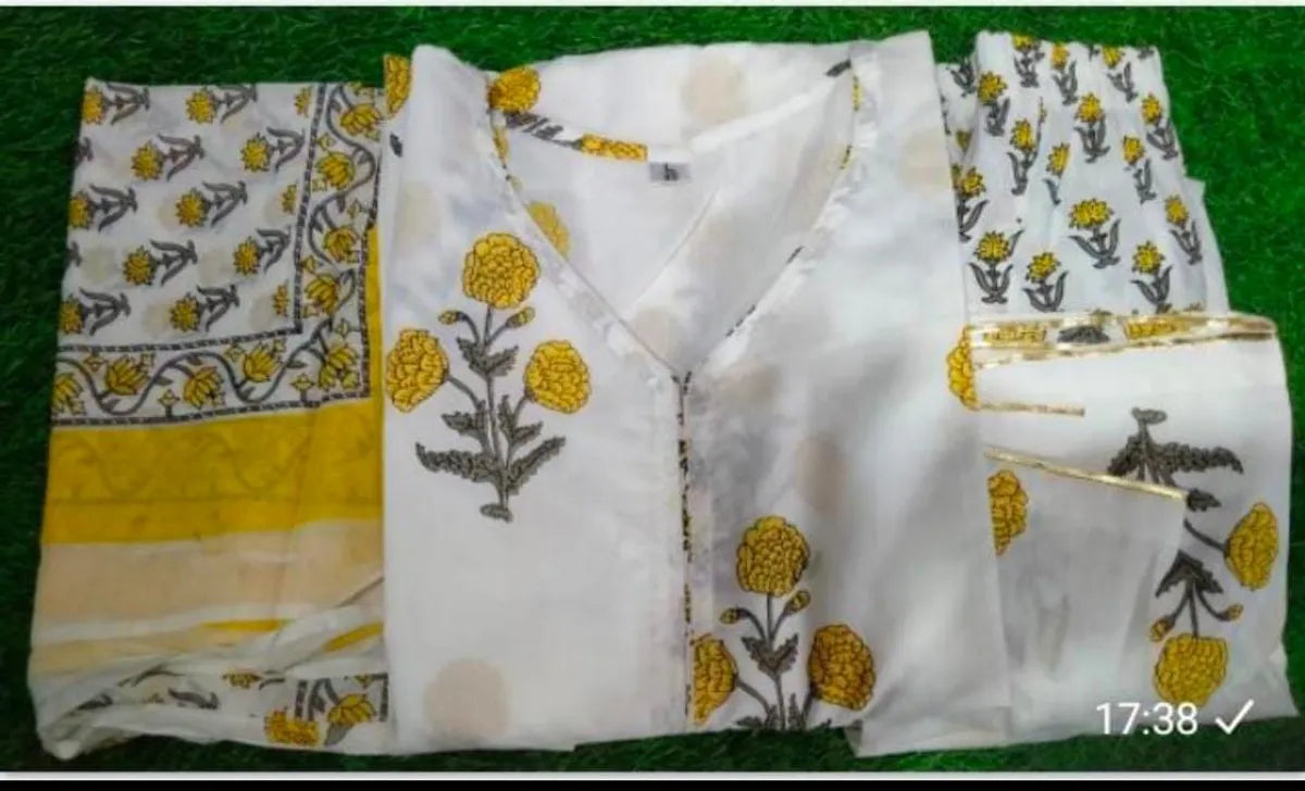 White Cotton Floral Printed Kurti with Sharara Dupatta Set