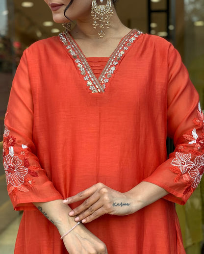 Women Orange Cotton Embroidery Kurta Pant and Banarsi Dupatta set