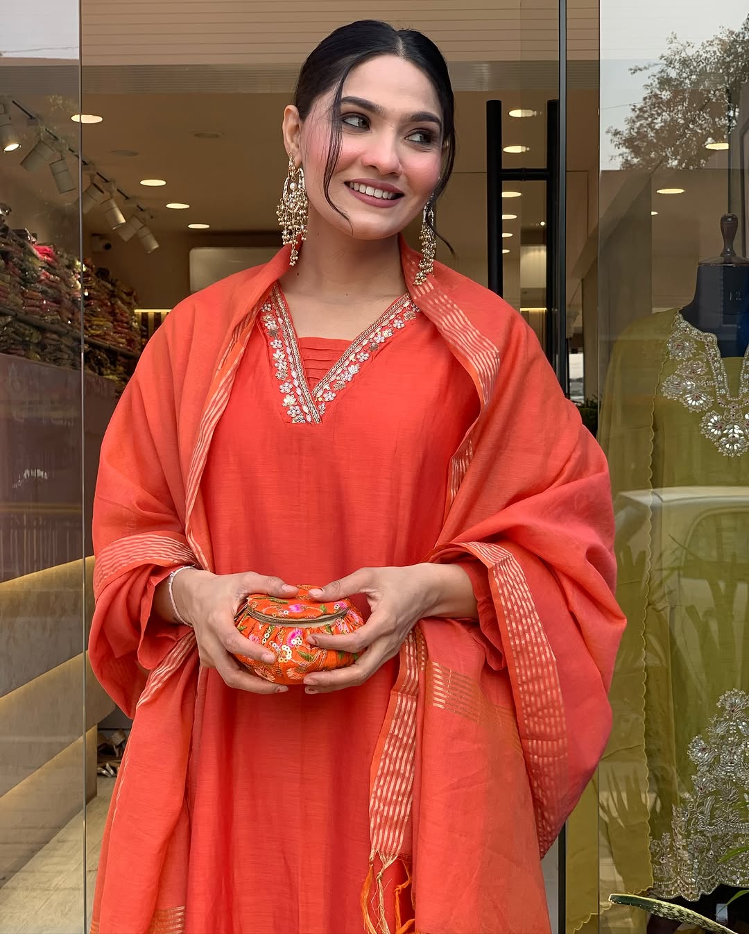 Women Orange Cotton Embroidery Kurta Pant and Banarsi Dupatta set
