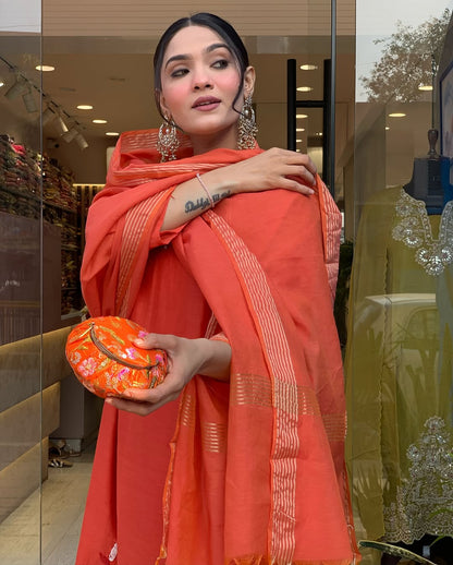 Women Orange Cotton Embroidery Kurta Pant and Banarsi Dupatta set