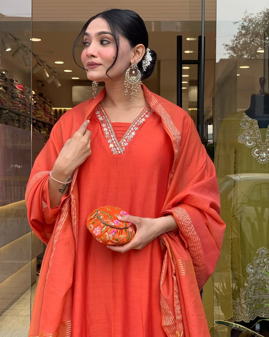 Women Orange Cotton Embroidery Kurta Pant and Banarsi Dupatta set