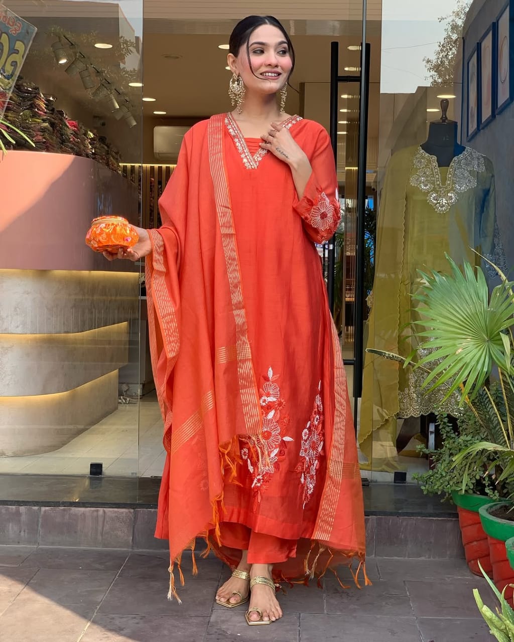 Women Orange Cotton Embroidery Kurta Pant and Banarsi Dupatta set
