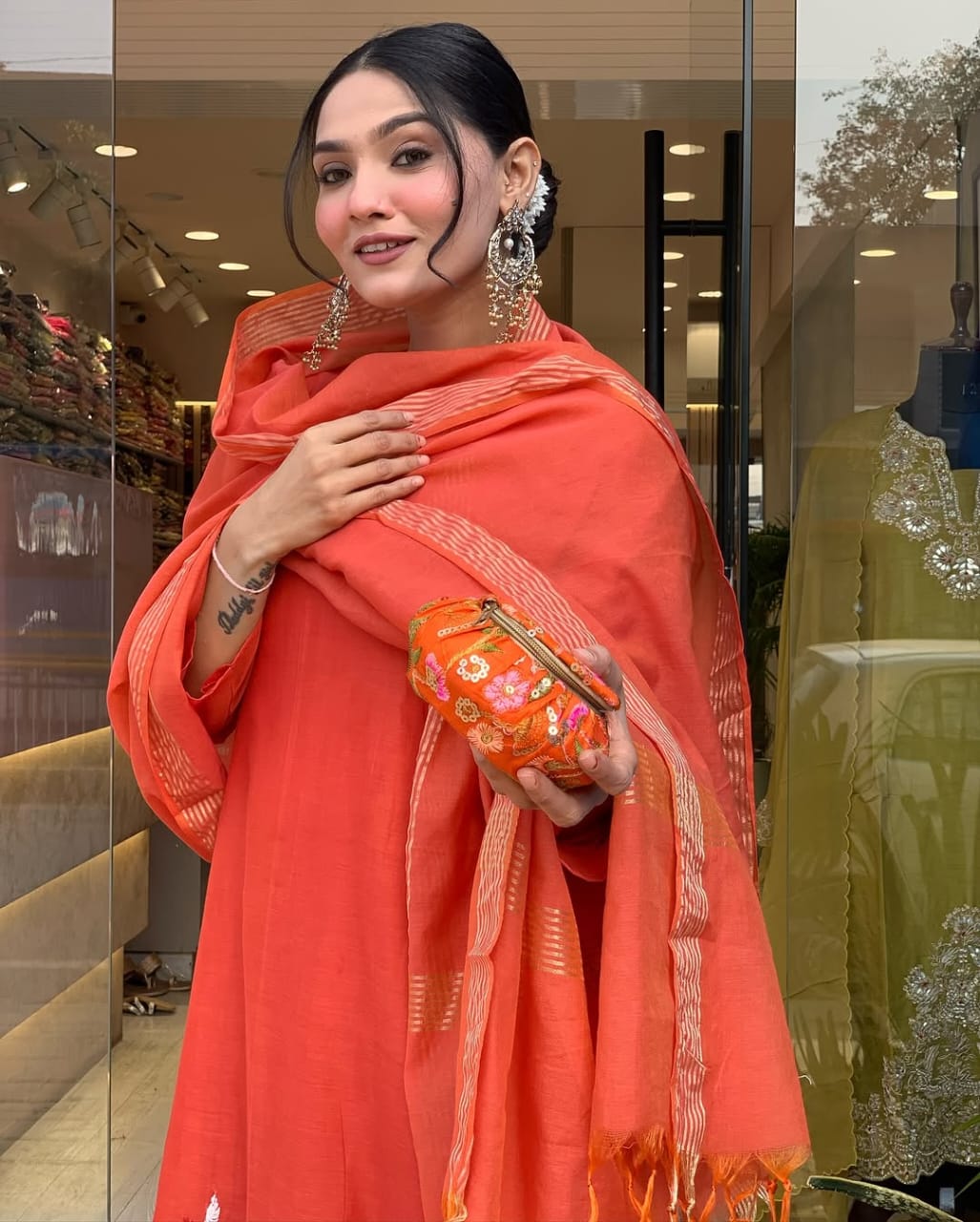 Women Orange Cotton Embroidery Kurta Pant and Banarsi Dupatta set