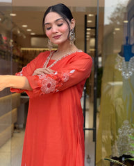 Women Orange Cotton Embroidery Kurta Pant and Banarsi Dupatta set