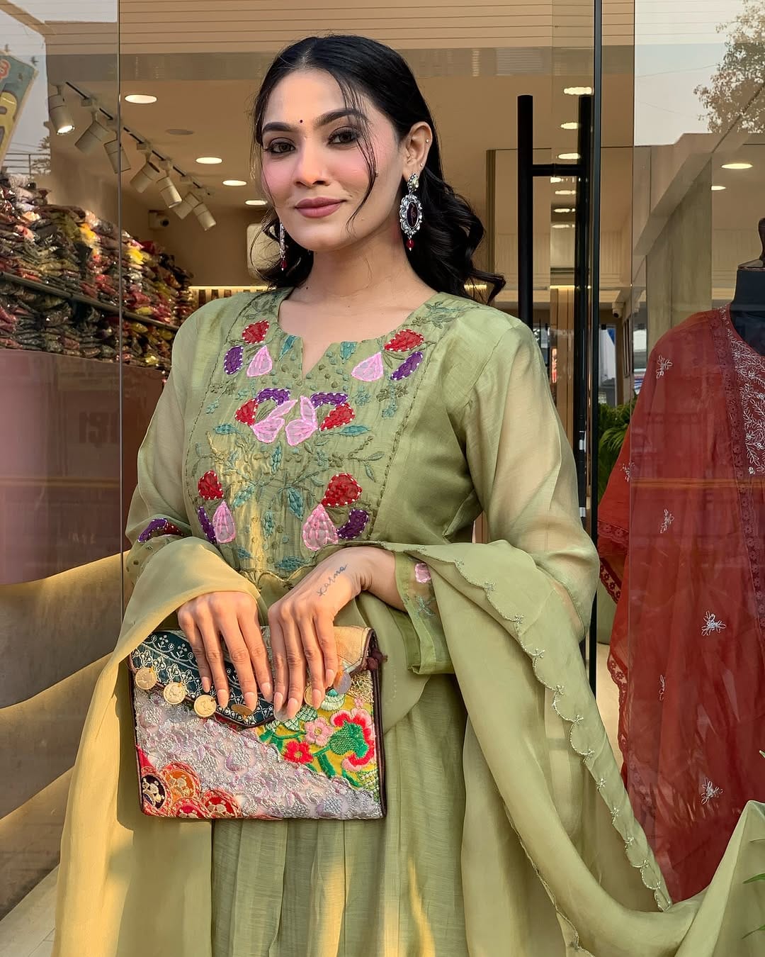 Women Green Cotton Embroidery Kurta Pant and Organza Dupatta set