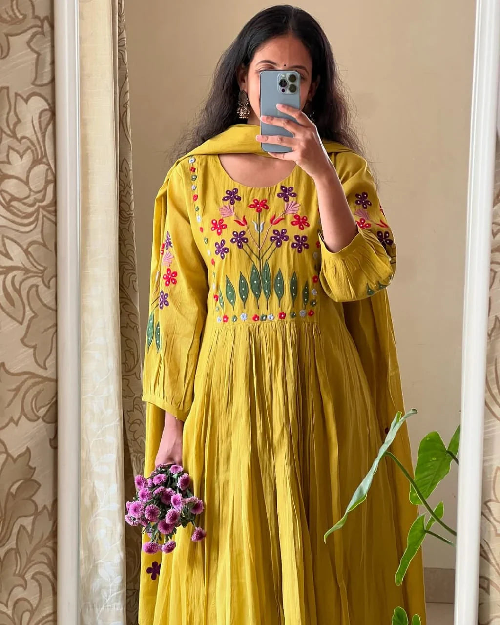 Women Yellow Anarkali Cotton Embroidery Kurta Pant and Mal Dupatta set