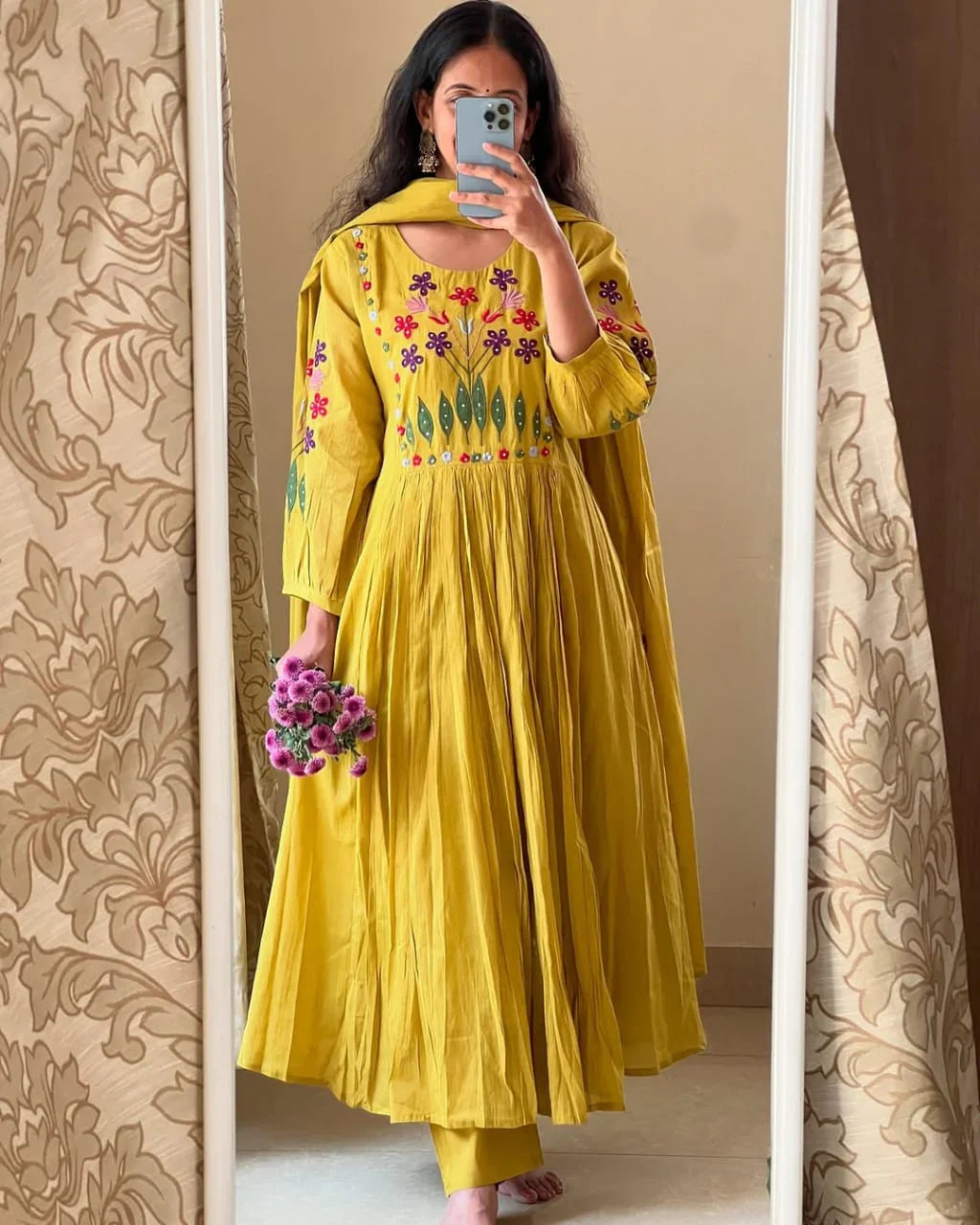 Women Yellow Anarkali Cotton Embroidery Kurta Pant and Mal Dupatta set