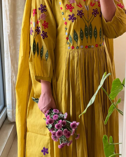 Women Yellow Anarkali Cotton Embroidery Kurta Pant and Mal Dupatta set