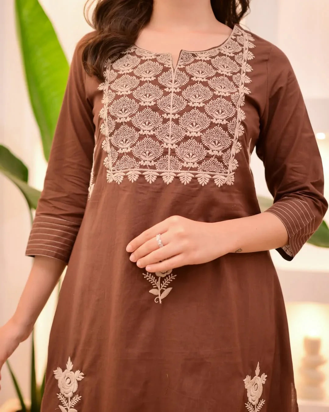 Women Brown Cotton Thread Embroidery Kurta Pant and Dupatta set